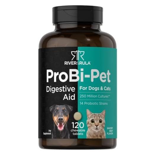 Horbäach Probiotics for Dogs & Cats | 120 Chewable Tablets | Digestive Aid | with 14 Probiotic Strains | Savory Beef Flavored Pet Supplement | by River & Rula
