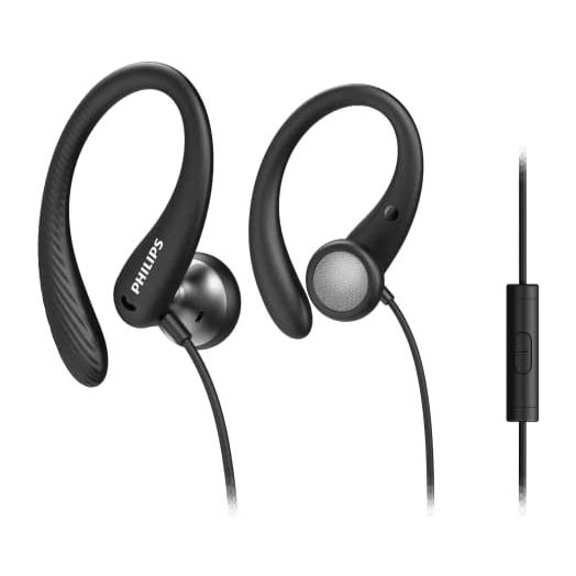 Philips A1105 in-Ear Sports Wired Headphones with Ear Hooks for Secure Fit, Deep bass, in-line Remote Control and Microphone, Sweat-Resistant, 3.5 mm Connector TAA1105BK