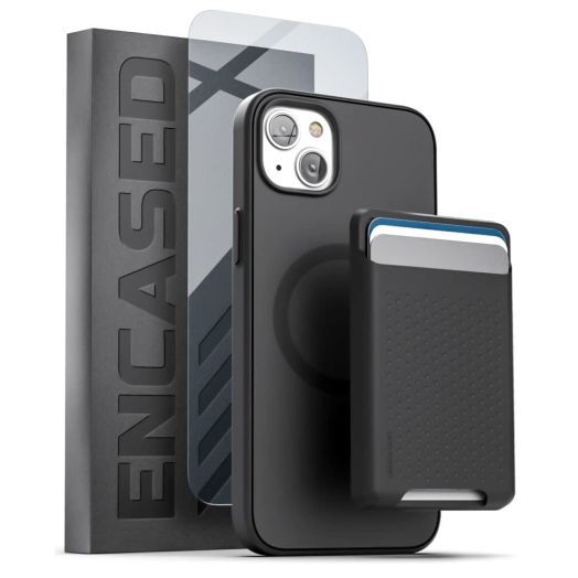 ENCASED 3-in-1 Set for iPhone 14 Case with Wallet Card Holder and Screen Protector (Black) Compatible with MagSafe