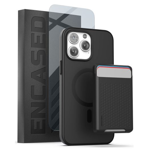 ENCASED 3-in-1 Set for iPhone 14 Pro Case with Wallet Card Holder and Screen Protector (Compatible with MagSafe) - Black