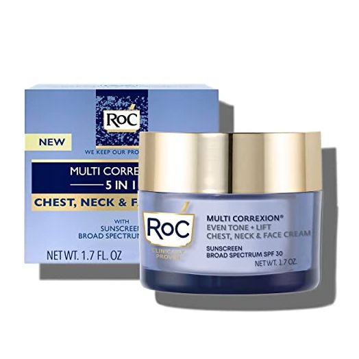 RoC Multi Correxion 5 in 1 Chest, Neck, and Face Moisturizer Cream with SPF 30, for Neck Firming and Wrinkles, Vitamin E & Shea Butter, Oil Free Skin Care, 1.7 Oz
