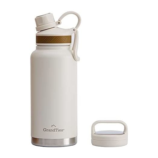 GrandTies 2 Lids Sports Stainless Steel Water Bottle– 32oz, Reusable Wide Mouth Vacuum Insulated Water Bottles, Travel Metal Canteen, Coldest Water bottle for Men and Women– Ivory White