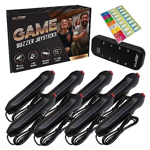 Digital Energy Handheld Buzzer Game System - Console Displays First Buzz-in - Great for Jeopardy, Family Feud, Trivia and Buzzer Games - Console with 8 Joystick Buzzers