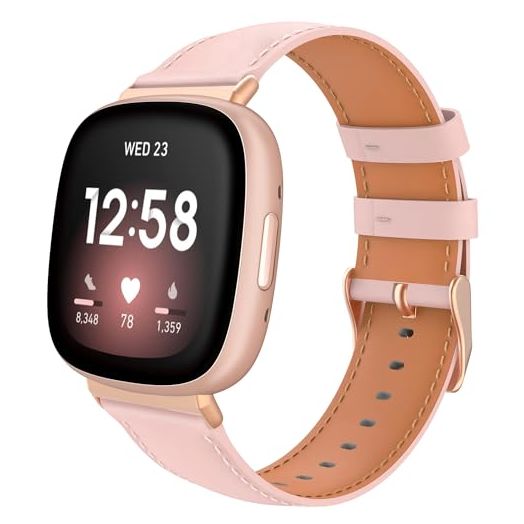 TiMOVO Leather Band Compatible with Fitbit Versa 4/Fitbit Versa 3/Fitbit Sense 2/Sense Watch Bands, Top Grain Genuine Classic Leather Replacement Wristbands Straps for Women Men, Pink