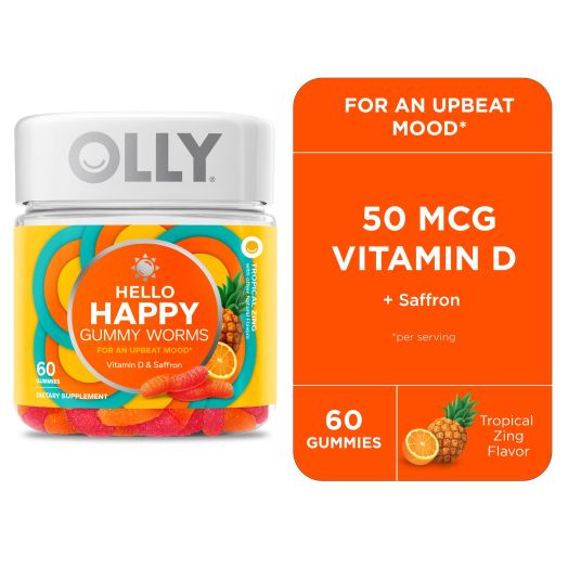 OLLY Hello Happy Gummy Worms, Mood Balance Support, Vitamin D, Adult Supplement, Tropical, 60 Ct