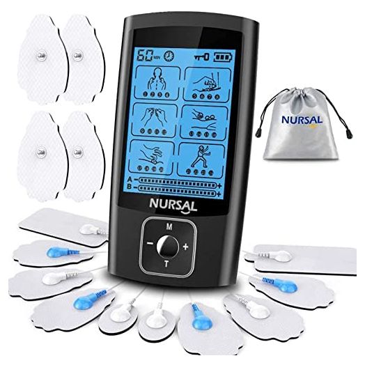 NURSAL Dual Channel EMS TENS Unit 24 Modes Muscle Stimulator for Pain Relief & Muscle Strength with 14 Pads, Rechargeable TENS Machine Pulse Massager with Storage Pouch/Pads Holder/Lanyard/Cable Ties
