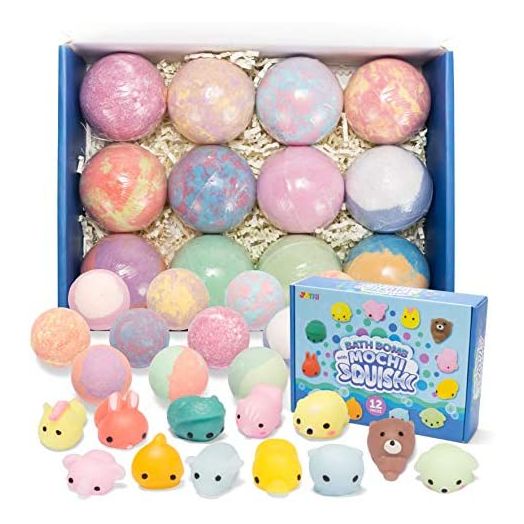 JOYIN Bath Bombs for Kids with Mochi Squishy, 12 Pack Bubble Bath Bombs with Surprise Toy Inside, Natural Essential Oil SPA Bath Fizzies Set, Easter Gifts for Boys and Girls