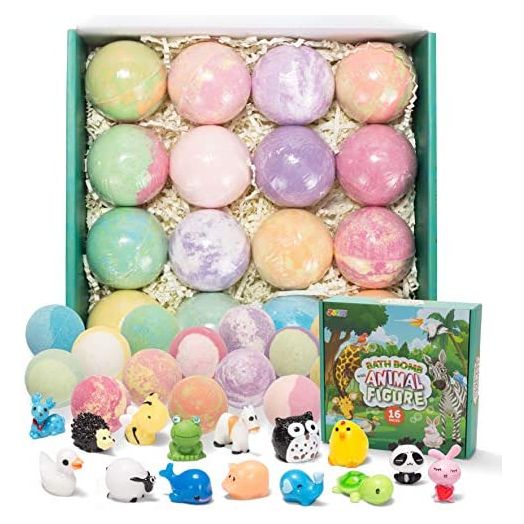JOYIN Bath Bombs for Kids with Animal Figures, 16 Pack Bubble Bath Bombs with Surprise Toy Inside, Natural Essential Oil SPA Bath Fizzies Set, Kids Safe Birthday Gift Set Easter Gifts for Boys Girls