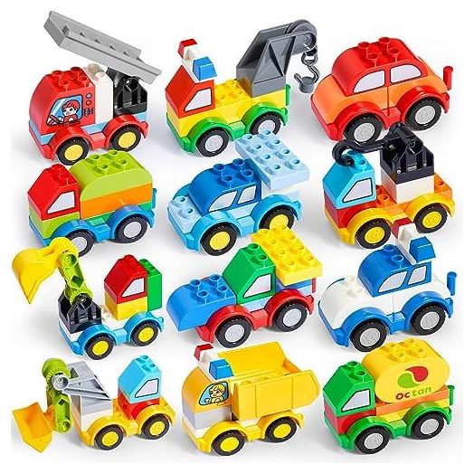 JOYIN 80Pcs Toddlers Car Building Blocks Set, 12Pcs Different Vehicles, Build Your Own Toy Cars, Compatible with Brand Name Building Bricks for Kids Boys Girls Birthday Easter Gift