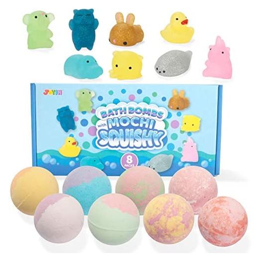 JOYIN Bath Bombs with Glitter Mochi Squishy for Kids, 8 Packs Bubble Bath Bombs with Surprise Toy Inside, Natural Essential Oil SPA Bath Fizzies Set, Easter Gifts for Boys and Girls