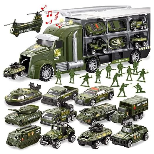 JOYIN 25 in 1 Green Military Big Truck Toys, Army Men Tanks Set with Soldier Men, Mini Battle Car Toy in Carrier Truck with Lights and Sounds, Gifts for Toddler Kids Boys Ages 3+