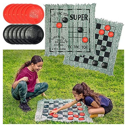 JOYIN 3-in-1 Vintage Giant Checkers and Tic Tac Toe Game with Reversible Mat (30"x 30"), 24 Chips