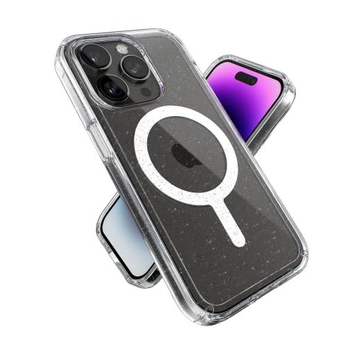 Speck Clear iPhone 14 Pro Case - Slim, Built for MagSafe, Scratch Resistant & Drop Protection Clear Phone Case - Anti-Yellowing for 6.1" iPhone 14 Pro Case Dual Layer - Platinum Glitter GemShell
