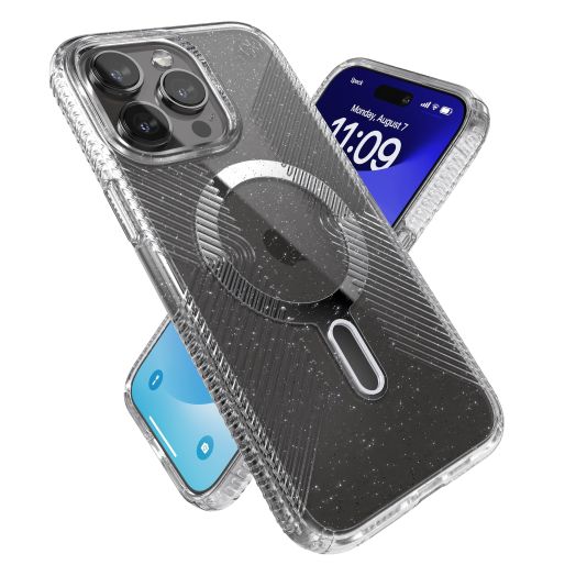 Speck iPhone 15 Pro Max Case - ClickLock No-Slip Interlock, Built for MagSafe, Drop Protection Grip - Anti-Yellowing 6.7 Inch Phone Case - Presidio Lux Grip Clear/Platinum Glitter
