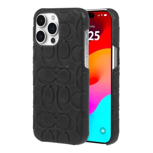 Coach Genuine Debossed Pebbled Leather iPhone 15 Pro Max Case, Compatible with Wireless Charging - Signature Black
