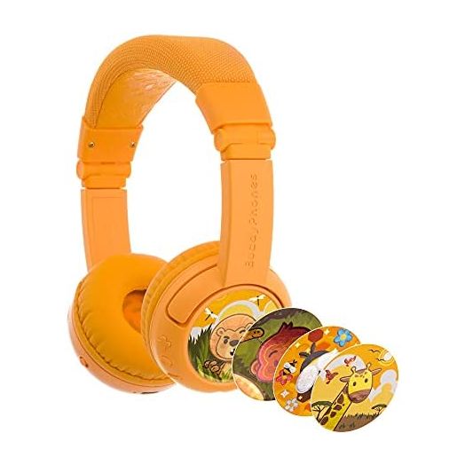 BuddyPhones Play+, Wireless Bluetooth Volume-Limiting Kids Headphones, 20-Hours Battery Life, 3 Volume Settings, Voice Enhancing StudyMode, Answer/Playback Button, BuddyLink Cable, Sun Yellow