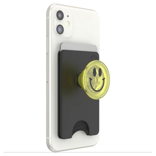 PopSockets PopWallet+ with Swappable PopTop: Phone Grip, Phone Stand, and Wallet for Cards, Removable, Smiley Face