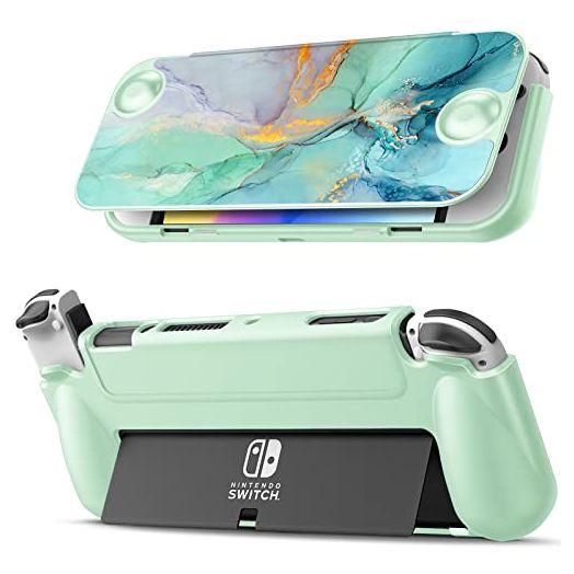 Fintie Flip Case for Nintendo Switch OLED Model - [Screen Safe] Slim Protective Soft TPU Shell with Magnetically Detachable Front Cover & Ergonomic Grip for Switch OLED Model 2021 (Emerald Marble)
