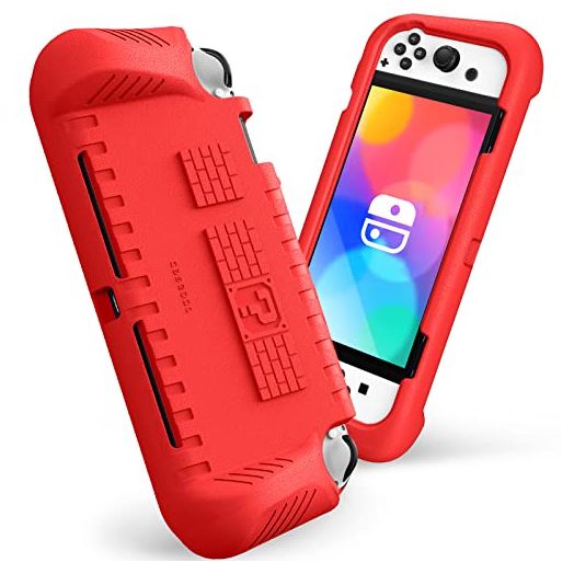 Fintie Kids Case for Nintendo Switch OLED Model 2021 with 2 Game Card Slots - [Kids Friendly] Ultralight Shockproof Protective Cover, Ergonomic Grip Case for Switch OLED Model Console 7.0", Red