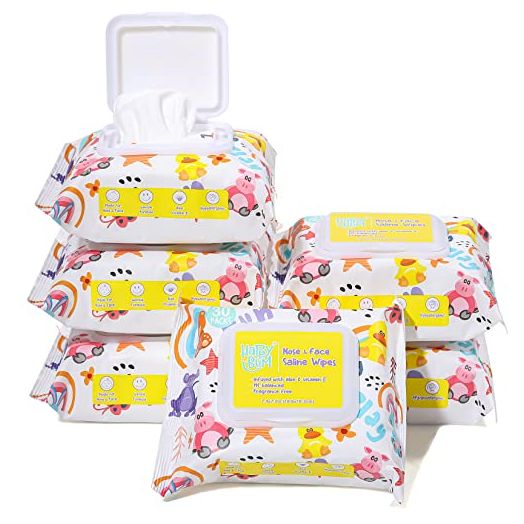 Baby Wipes - HAPPY BUM Saline Baby Wipes, Hypoallergenic, Unscented, 180 Count (6 Packs of 30 Wipes) Saline Nose and Face Wipes
