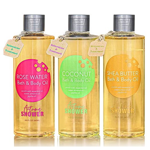 Bath and Body Oil - Autumn Shower Oil with Sweet Almond, Jojoba Oil, Shea Butter & Rose Water & Coconut Bath Oils for Women, Multiuse Oil for Hair & Dry Skin 26.4 fl oz (Pack of 3), Birthday Gifts