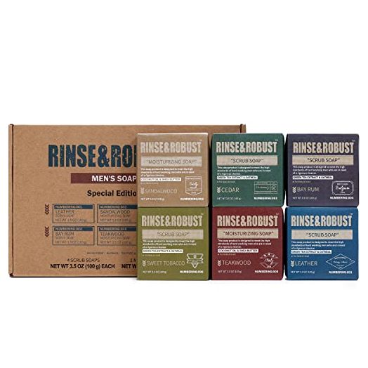Mens Bar Soap Rinse & Robust Natural Bar Soap Set 6Pcs Handmade Bath Soap Set Moisturizing&Exfoliating Scrub Soap Set for Men Body&Hand | Leather, Sandalwood, Cedar, Bay Rum, Teak Wood, Sweet Tobacco| Holiday Gift For Men