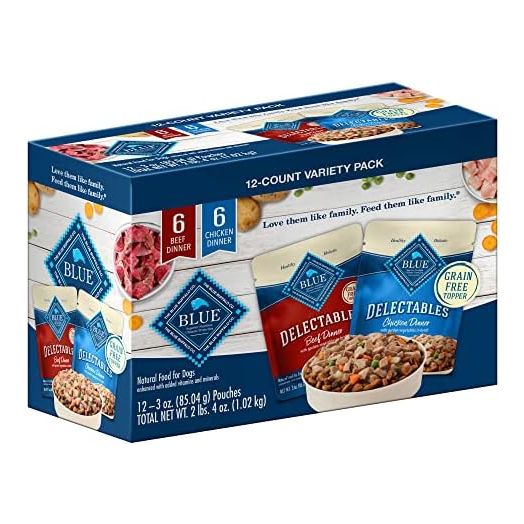 Blue Buffalo Delectables Natural Wet Dog Food Toppers Variety Pack, Tasty Chicken & Hearty Beef, Cuts in Gravy, 3-oz. (12 Pouches, 6 of Each Flavor)