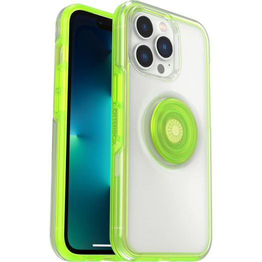 OtterBox iPhone 13 Pro Otter + Pop Symmetry Series Clear Case - LIMELIGHT (Clear/Green), integrated PopSockets PopGrip, slim, pocket-friendly, raised edges protect camera & screen