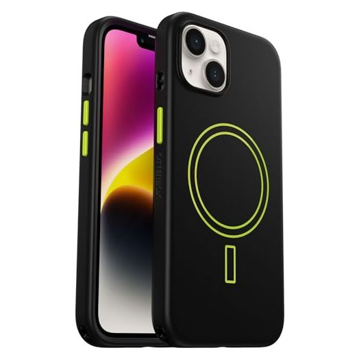 OtterBox iPhone 14 Colorful Grip Case - Electric Vibes (Black/Lime Green), Snaps to MagSafe, Ultra-Sleek, Raised Edges Protect Camera & Screen