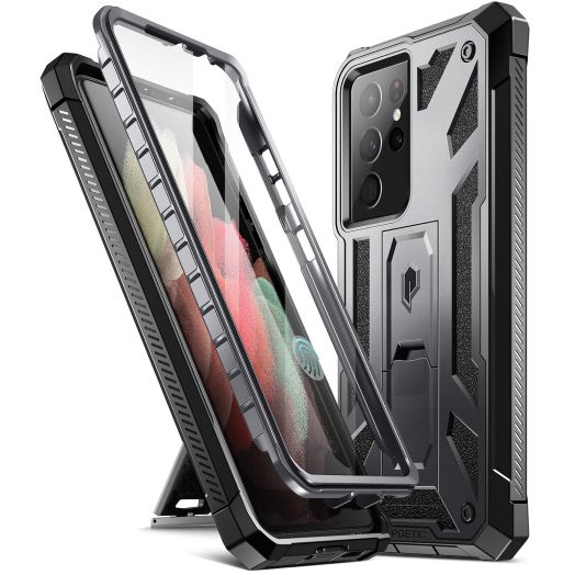 Poetic Spartan Case for Galaxy S21 Ultra 5G, 6.8" Screen Protector, Fingerprint ID, Rugged Shockproof Cover, Kickstand, Metallic Gun Metal