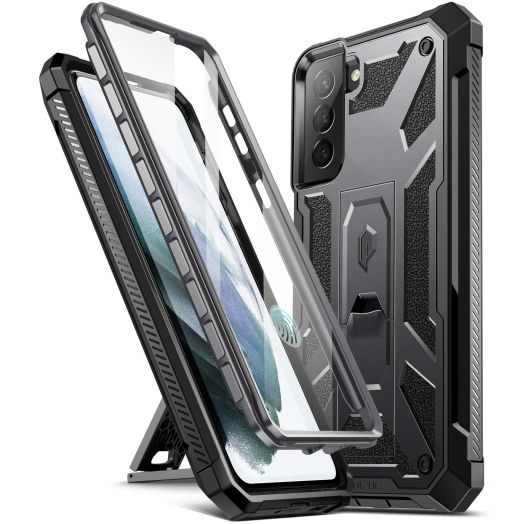 Poetic Spartan Samsung Galaxy S21+ Plus 5G 6.7" Case, Fingerprint ID Compatible, Shockproof Protective Cover, Kickstand, Metallic Gun Metal