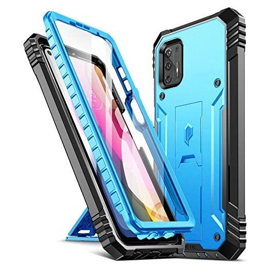Poetic Revolution Series Case for Moto G Stylus (2021), Full-Body Rugged Dual-Layer Shockproof Protective Cover with Kickstand and Built-in-Screen Protector, Blue