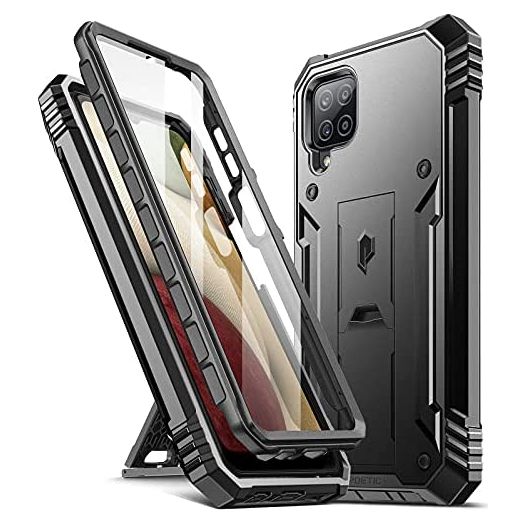 Poetic Revolution Series Case for Samsung Galaxy A12, Full-Body Rugged Dual-Layer Shockproof Protective Cover with Kickstand and Built-in-Screen Protector, Black