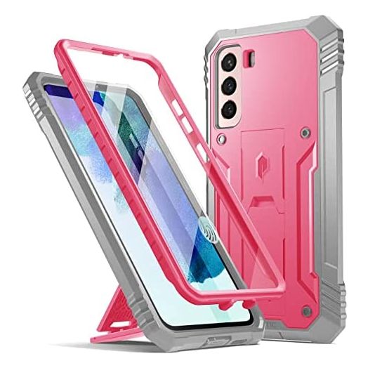 Poetic Revolution Series Case Designed for Samsung Galaxy S21 FE 5G, Built-in Screen Protector Work with Fingerprint ID, Full Body Rugged Shockproof Protective Cover Case with Kickstand, Pink