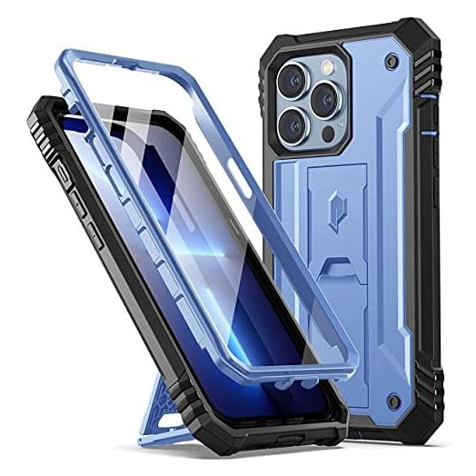 Poetic Revolution Series Case for iPhone 13 Pro 6.1 inch (2021 Release), Full-Body Rugged Dual-Layer Shockproof Protective Cover with Kickstand and Built-in-Screen Protector, Steel Blue