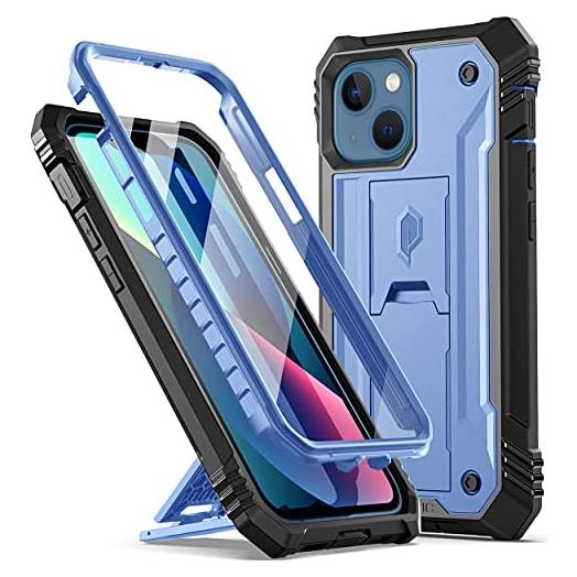 Poetic Revolution Series Case for iPhone 13 Mini 5.4 inch (2021 Release), Full-Body Rugged Dual-Layer Shockproof Protective Cover with Kickstand and Built-in-Screen Protector, Steel Blue
