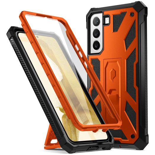 Poetic Spartan Case for Samsung Galaxy S22+ Plus 5G 6.6 inch, Built-in Screen Protector Work with Fingerprint ID, Full Body Rugged Shockproof Protective Cover Case with Kickstand, Metallic Orange