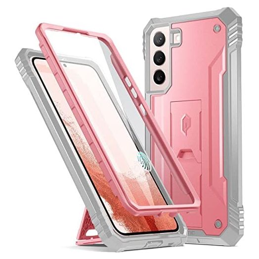 Poetic Revolution Case for Galaxy S22+ Plus with Built-in Screen Protector, Work with Fingerprint ID, Full Body Rugged Shockproof Protective Case with Kickstand for S22+ Plus 5G 6.6 Inch, Light Pink