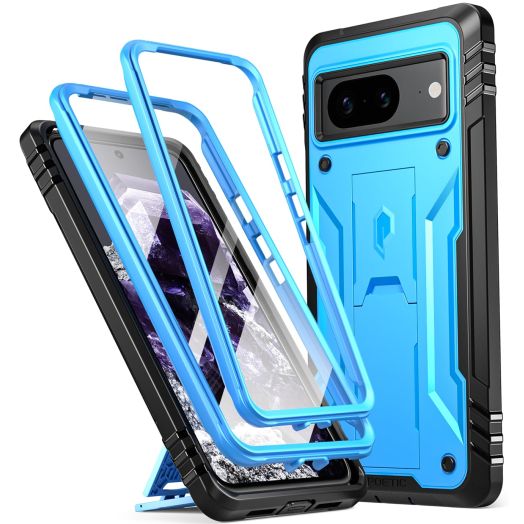 Poetic Revolution Case for Google Pixel 8 5G 6.2 inch, [20FT Mil-Grade Drop Tested], Full-Body Rugged Shockproof Cover with Kickstand and Built-in-Screen Protector, Light Blue
