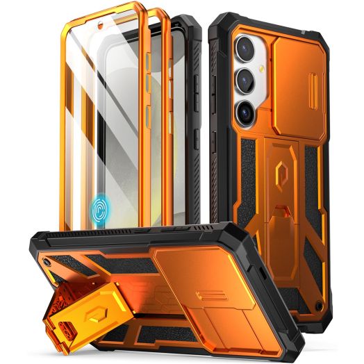 Poetic Spartan Case for Galaxy S24+ Plus 6.7", [Slide Camera Cover] [Screen Protector Works with Fingerprint ID] Rugged Shockproof Cover with Kickstand, Metallic Orange