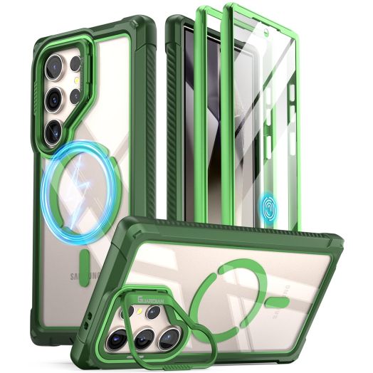 Poetic Guardian Case for Samsung Galaxy S24 Ultra 6.8", [Built-in Camera Stand] [Screen Protector Work with Fingerprint ID] Full Body Shockproof Protective Rugged Clear Cover, Green/Clear
