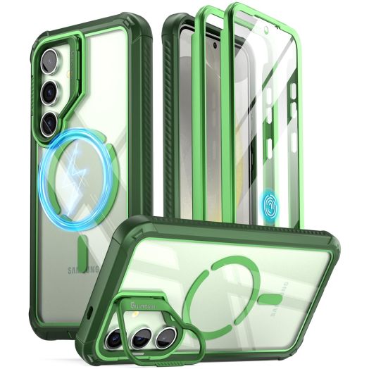 Poetic Guardian Case for Samsung Galaxy S24 6.2", [Built-in Camera Stand] [Screen Protector Work with Fingerprint ID] Full Body Shockproof Protective Rugged Clear Cover, Green/Clear