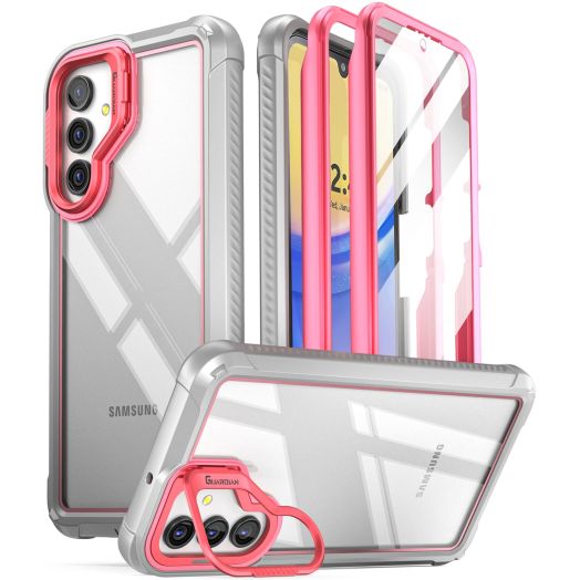 Poetic Guardian Case for Samsung Galaxy A15 5G (2024), [Built-in Camera Stand][2 Front Frames] Full Body Shockproof Protective Rugged Clear Cover with Built-in Screen Protector, Pink/Clear