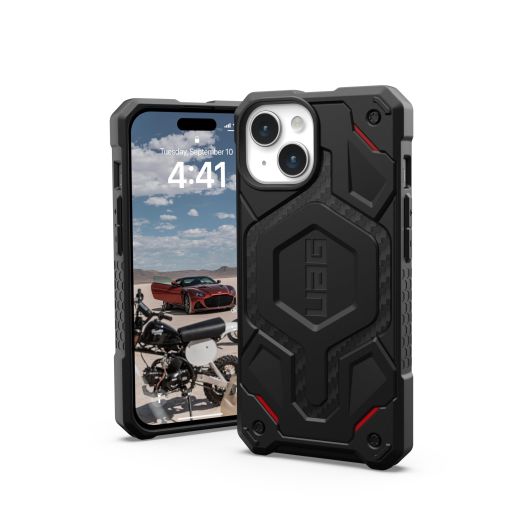URBAN ARMOR GEAR UAG Case Compatible with iPhone 15 Case 6.1" Monarch Pro Carbon Fiber w/Red Accent Corner, Built-in Magnet Compatible with MagSafe Charging Premium Rugged MIL-STD Protective Cover