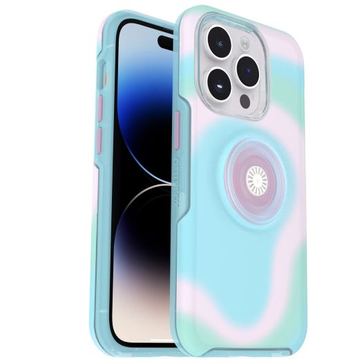 OtterBox iPhone 14 Pro Otter + Pop Symmetry Series Clear Case - GLOWING AURA (Pink), integrated PopSockets PopGrip, slim, pocket-friendly, raised edges protect camera & screen