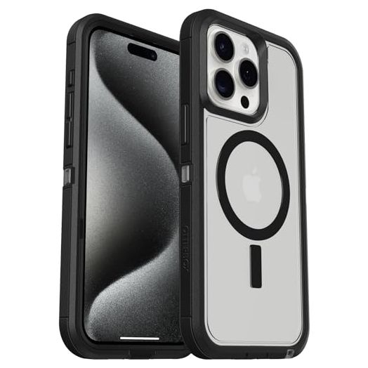 OtterBox iPhone 15 Pro MAX (Only) Defender Series XT Clear Case - DARK SIDE (Black/Clear), screenless, rugged , snaps to MagSafe, lanyard attachment (ships in polybag, ideal for business customers)
