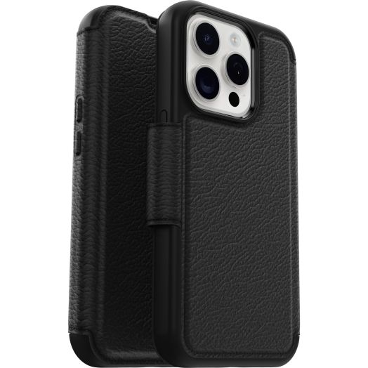 OtterBox iPhone 15 Pro (Only) Strada Folio Series Case - SHADOW (Black), card holder, snaps to MagSafe, genuine leather, pocket-friendly, folio case