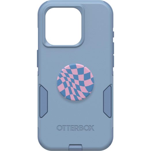 Bundle: OtterBox iPhone 15 Pro (Only) Commuter Series Case - (CRISP DENIM) + PopSockets PopGrip (WAVY CHECKER), slim & tough, pocket-friendly, with port protection, PopGrip included