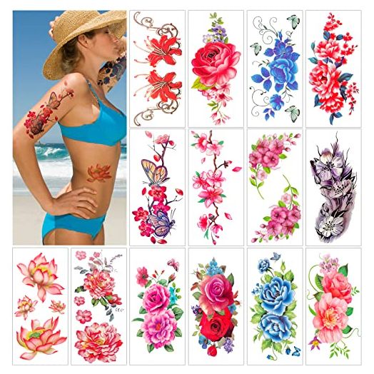 Flower Temporary Tattoos for Women Teens Girls(14 Sheets),Konsait Rose Lotus Cherry Blossoms Waterproof Temporary Tattoo Festival Fake Tattoo Body Art Stickers for Summer Beach Pool Party