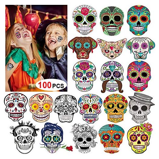 Day of the Dead Sugar Skull Tattoos(100Counts),Konsait Halloween Temporary Face Tattoos Sugar Skull Puppy Black Skeleton Web Red Roses Tattoo for kids Boys Girls Mexican Halloween Party Favor Supplies